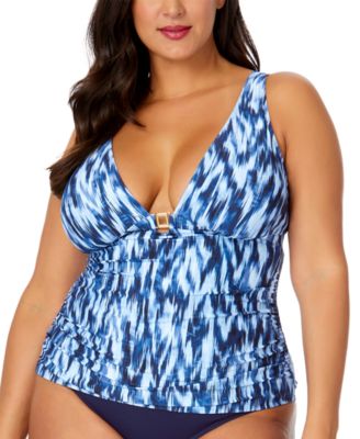 Anne Cole - Plus Size Printed Ring-Trim Plunge Tankini Top