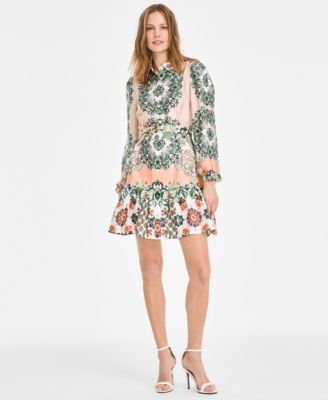 Anne Klein - Petite Printed Long-Sleeve Tie-Waist Dress