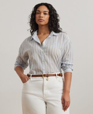 Lauren Ralph Lauren - Plus Size Oversize Striped Cotton Voile Shirt