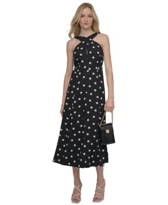 DKNY - Petite Polka-Dot Crisscross Halter Midi Dress