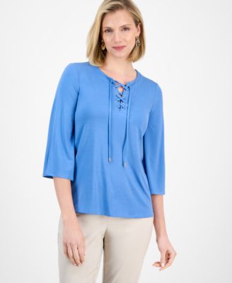 JM Collection - Petite Lace-Up 3/4-Sleeve Top