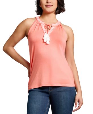Jones New York - Women's Embroidered Tassel-Tie Halter Top