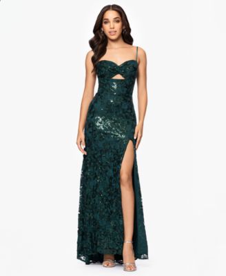 Blondie Nites - Juniors' Sequined Lace Cutout-Front Lace-Up-Back Gown