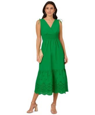 Adrianna Papell - Women's Smocked-Waist Tie-Sleeve Eyelet Cotton Sundress