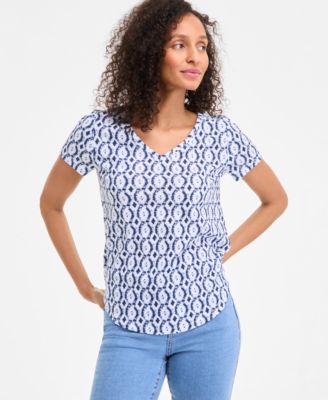 Style & Co - Petite Dyed Geo Perfect V-Neck Tee