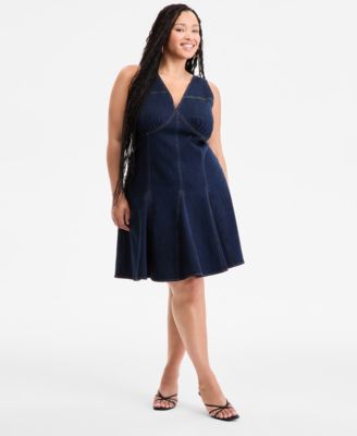 Bar III - Plus Size Denim Halter Flared Dress