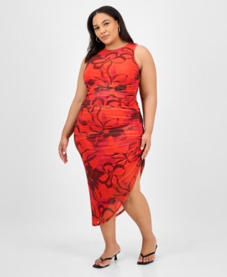 Bar III - Trendy Plus Size Printed Shirred Midi Dress