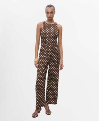 MANGO - Women's Polka-Dots And Belt Linen Jumpsuit