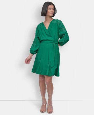 DKNY - Petite Faux-Wrap Embroidered-Sleeve Fit & Flare Dress
