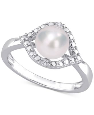 Macy's - Cultured Freshwater Pearl (7mm) & Lab-Created White Sapphire Accent Ring in Sterling Silver