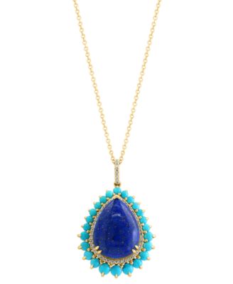 EFFY Collection - Lapis Lazuli, Turquoise, & Diamond (1/5 ct. t.w.) Pear Halo 18" Pendant Necklace in 14k Gold