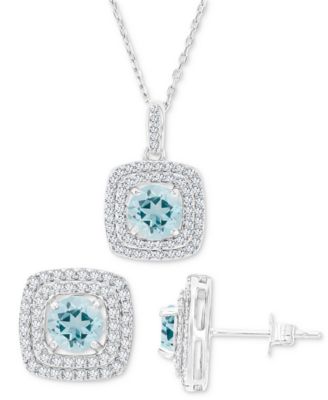 Macy's - 2-Pc. Set Aquamarine (3-1/10 ct. t.w.) & Lab-Grown White Sapphire (7/8 ct. t.w.) Square Halo Pendant Necklace & Matching Stud Earrings in Sterling Silver