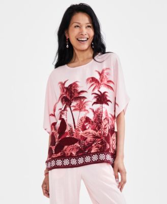 JM Collection - Petite Oasis Palm-Print Tassel-Trim-Sleeve Top
