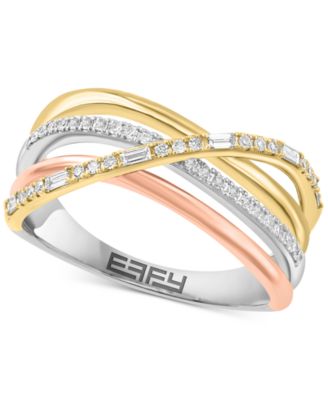 EFFY Collection - Diamond Round & Baguette Crossover Statement Ring (1/4 ct. t.w.) in 14k Tricolor Gold