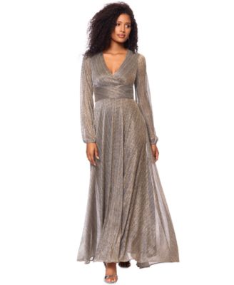 Betsy & Adam - Women's Metallic V-Neck Long-Sleeve Gown