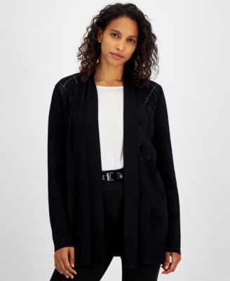 Kasper - Women's Pointelle Open-Front Long-Sleeve Cardigan