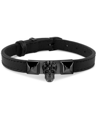 Philipp Plein - Men's Enigma Skull Pendant Black Leather Bracelet in Black Ion-Plated Stainless Steel