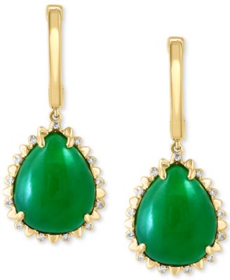 EFFY Collection - Pear-Shape Dyed Jade & Diamond (1/10 ct. t.w.) Charm Hoop Earrings in 14k Yellow Gold