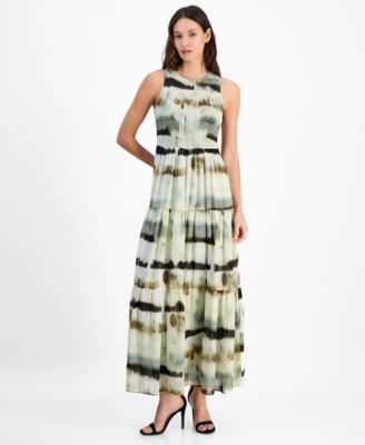 Anne Klein - Women's Printed Smocked-Bodice Tiered Maxi Dress