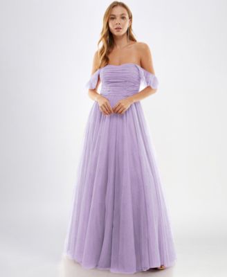 City Studios - Juniors' Off-The-Shoulder Glitter Ball Gown