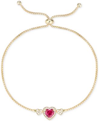 Macy's - Lab-Grown Ruby (1-1/2 ct. t.w.), Lab-Grown White Sapphire (1/4 ct. t.w.) & Diamond Accent Heart Slider Bracelet in 14K Gold Over Sterling Silver