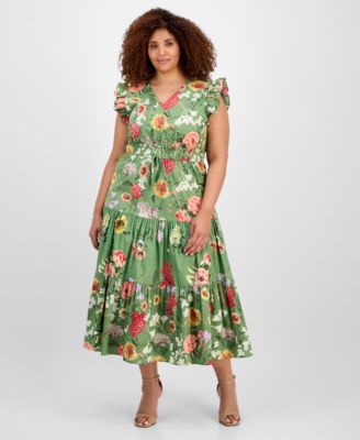 Anne Klein - Plus Size Printed Drawstring-Waist Midi Dress