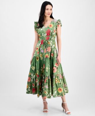 Anne Klein - Women's Printed V-Neck Drawstring Maxi Dress