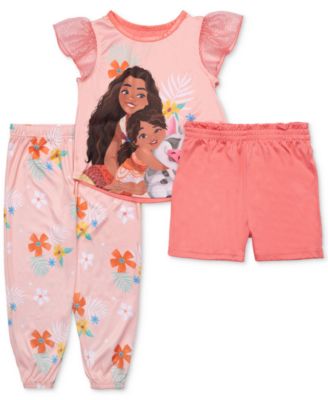 Moana - Toddler Girls Frill-Sleeve Pajama Top, Shorts & Jogger Pants, 3 Piece Set