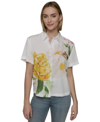 KARL LAGERFELD PARIS - Petite Placed Floral Cropped Woven Top
