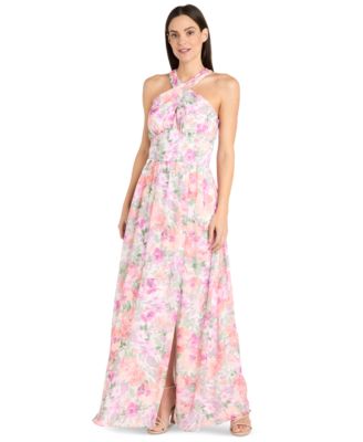 R & M Richards - Women's Printed Chiffon Criss-Cross Halter Maxi Dress