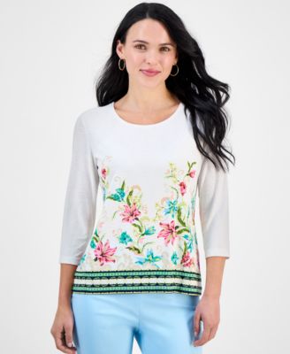 JM Collection - Petite Jacquard 3/4-Sleeve Top