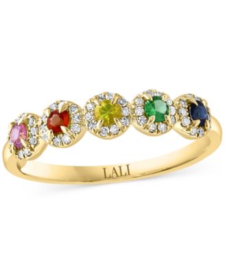 LALI Jewels - Emerald (1/3 ct. t.w.) & Diamond (1/6 ct. t.w.) Five Stone Halo Ring in 14k Gold