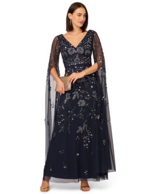 Adrianna Papell - Women's Long-Sleeve Beaded Mesh Dress