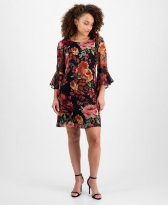 Connected - Petite Floral-Print Bell Flare-Sleeve Dress
