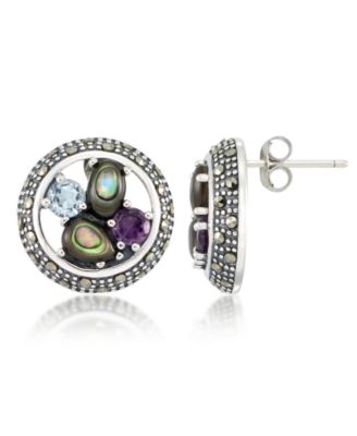 Macy's - Marcasite, Amethyst (3/8 ct. t.w.) , Abalone (1-1/2 ct. t.w.) and Blue topaz (5/8 ct. t.w.) Round Post Earrings in Sterling Silver
