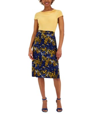 Kasper - Women's Floral Print Twist Neck Top & Crepe Slim Skirt