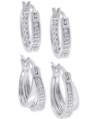 Macy's - 2-Pc. Set Diamond Double Row  & In & Out Small Hoop Earrings (1/4 ct. t.w.) in Sterling Silver