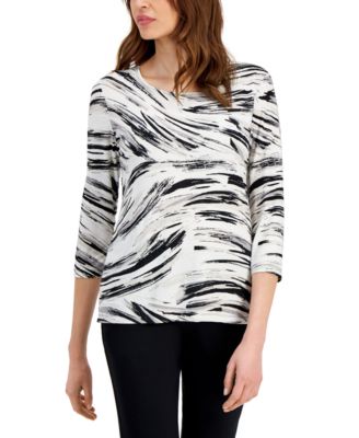 JM Collection - Petite Windswept Jacquard Printed 3/4-Sleeve Top