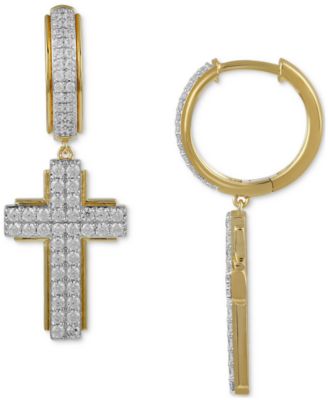 Macy's - Men's Diamond Cluster Cross Dangle Hoop Earrings (1 ct. t.w.)