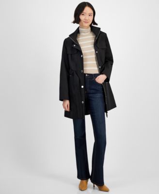 London Fog - Petite Zip-Front Belted Long-Sleeve Rain Coat