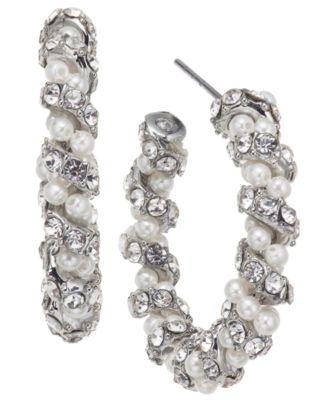Charter Club - Silver-Tone Medium Pav&eacute; & Imitation Pearl Open Hoop Earrings, 1.12"