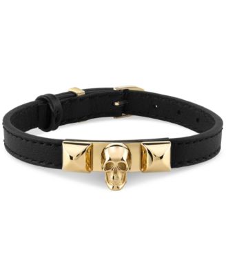 Philipp Plein - Men's Enigma Skull Pendant Black Leather Bracelet in Gold Ion-Plated Stainless Steel