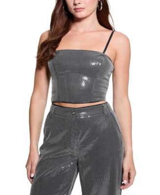 GUESS - Women's Cassia Sleeveless Sequin Bustier Crop Top