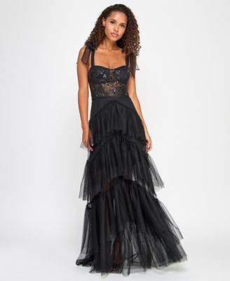 City Studios - Juniors' Sequin-Corset Layered-Skirt Gown