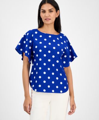 Anne Klein - Petite Dot-Print Boat-Neck Flutter-Sleeve Top