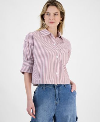 And Now This - Petite Cotton Oversized Striped Shirt