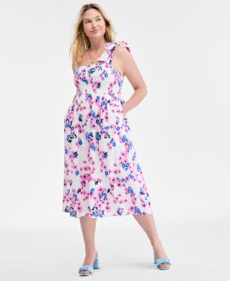 On 34th - Women's Cotton Bouquet-Print Tie-Strap Smocked Midi Dress