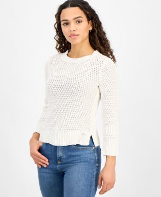 DKNY Jeans - Petite Cotton Open-Stitch Vented-Hem Sweater