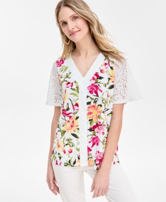 JM Collection - Petite Lisana Floral 3/4-Sleeve Lace Top