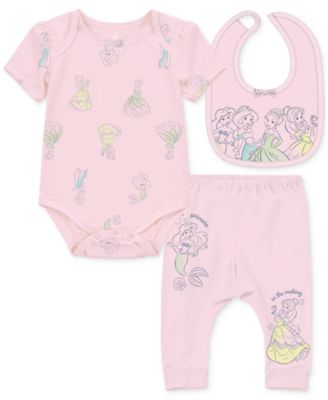 Disney - Baby Girls Princesses Bodysuit, Pants & Bib, 3 Piece Set